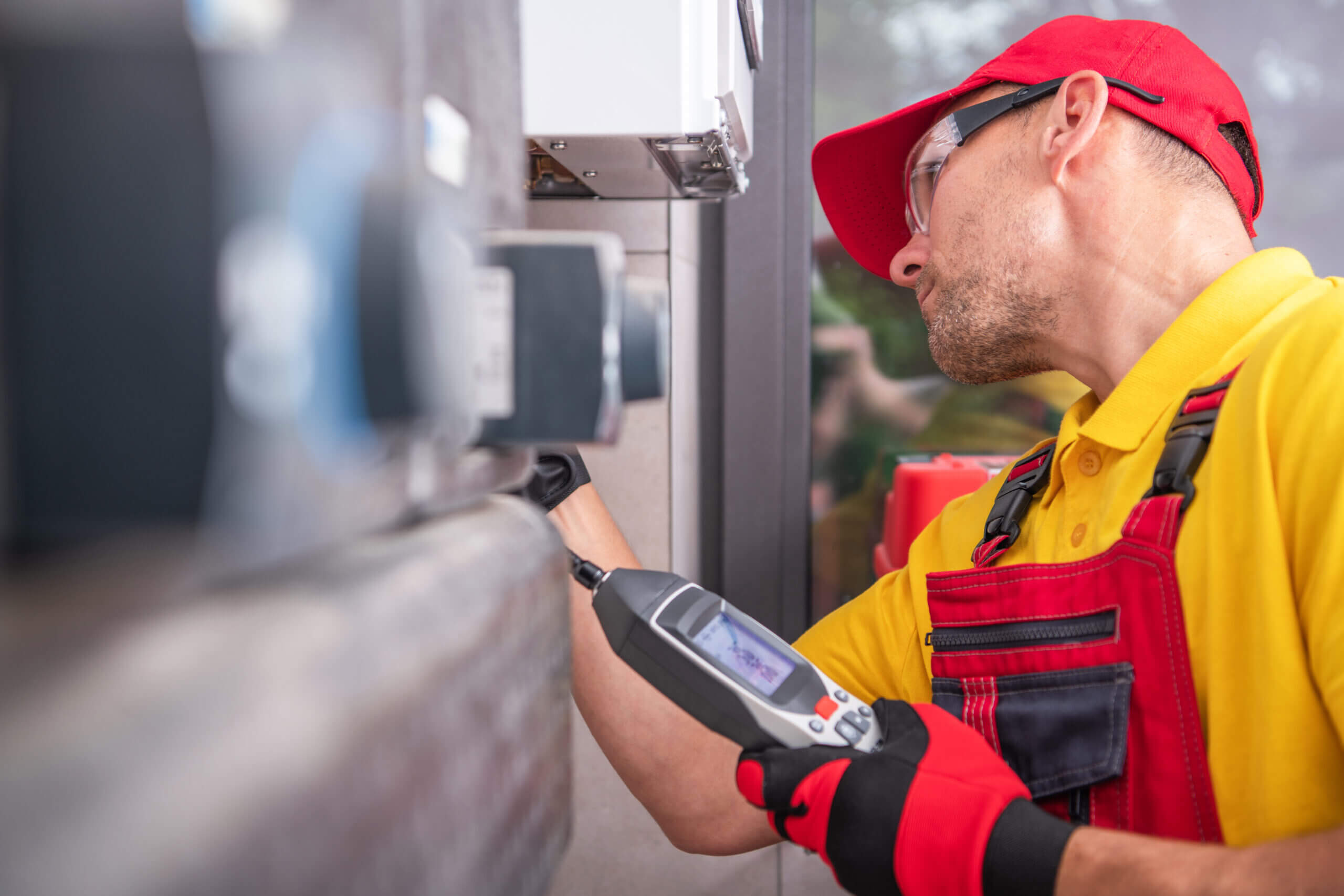 Caucasian,Technician,In,His,40s,With,Gas,Leak,Detector,Performing